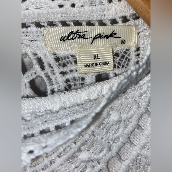 Women Ultra Pink short sleeves all over lace crochet scallop hem white top Sz XL - Picture 5 of 10